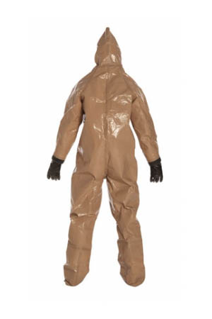 DuPont™ Tychem® Responder® CSM Coverall. Respirator Fit Hood. Attached Gloves, Butyl (mil spec.). Attached Socks with Outer Boot Flaps. Double Storm Flap with Hook & Loop Closure. Double Taped Seams. Tan.